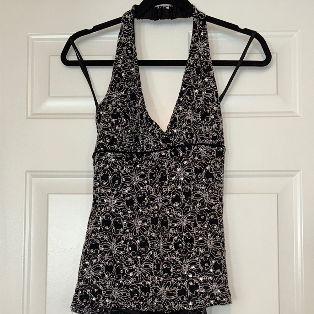 Studio Y Halter Y2K Top L Black Embroidered Lined Glam Evening Dressy Stretch